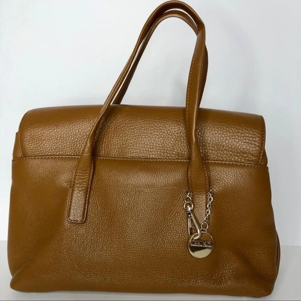 DKNY Tan Leather Doctor Satchel Handbag Black Trim Silver Turn-lock Closure